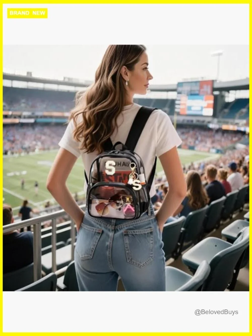 Clear Stadium Backpack 12x6x12 Mini Transparent Bookbag with Letter Patch Tassel